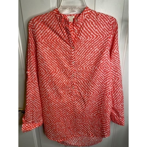 J. Crew Factory Coral White Print Cotton 1/2 Button Blouse Small Roll Tab Sleeve - Picture 1 of 5